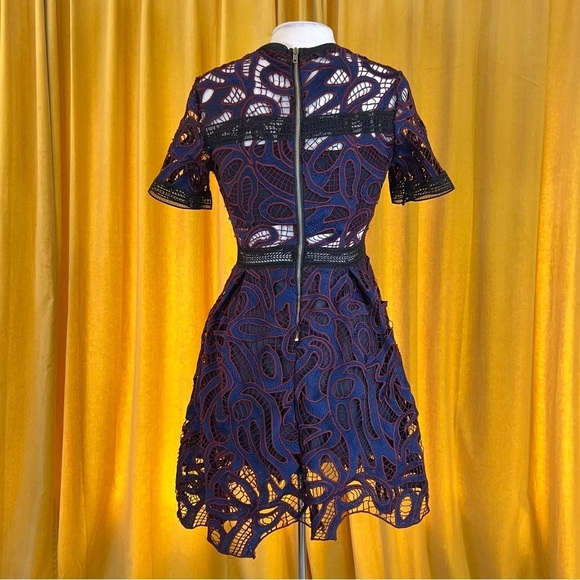 HAUTE ROGUE Cutout Asymmetrical Purple Black Lace Flared Mini Dress Women's M - Picture 3 of 6